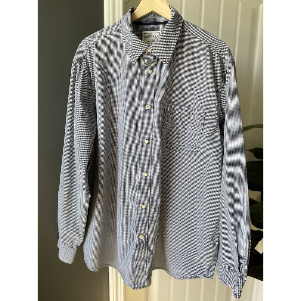 John Bartlett Consensus Shirt XL Micro-Gingham Brushed Cotton Blue White *flaw